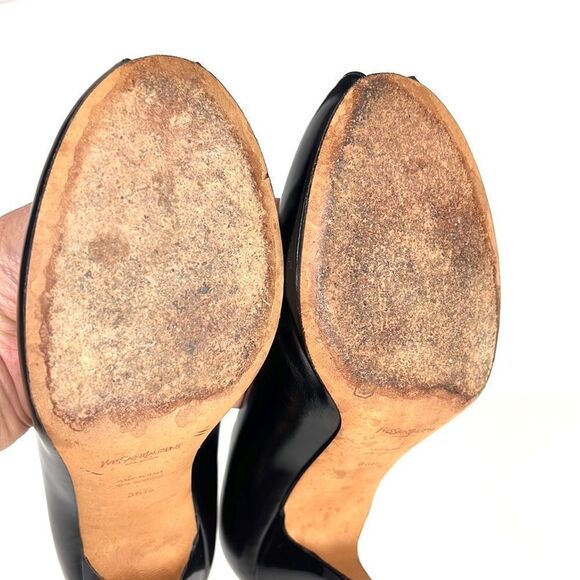 YSL Yves Saint Laurent Black Leather Peep Toe Heels Shoes - Picture 14 of 15